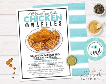Invitación para evento benéfico de pollo y gofres, plantilla editable (descarga digital)