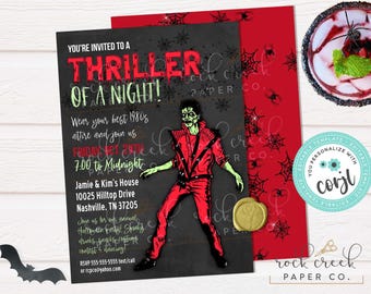 May include: Halloween party invitation with a Thriller theme. The invitation features a zombie illustration in a red outfit, with the text "Thriller of a Night!" in red and green. Includes event details and RSVP information.