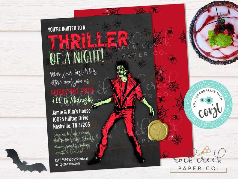May include: Halloween party invitation with a Thriller theme. The invitation features a zombie illustration in a red outfit, with the text "Thriller of a Night!" in red and green. Includes event details and RSVP information.