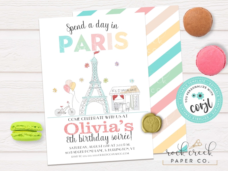 May include: A printable Paris-themed birthday party invitation with a pink, blue and yellow colour scheme. The invitation features a drawing of the Eiffel Tower, a bicycle and a cafe. The text on the invitation reads "Spend a day in Paris", "Olivia's 8th birthday soir&eacute;e!" and "Come celebrate with us at".