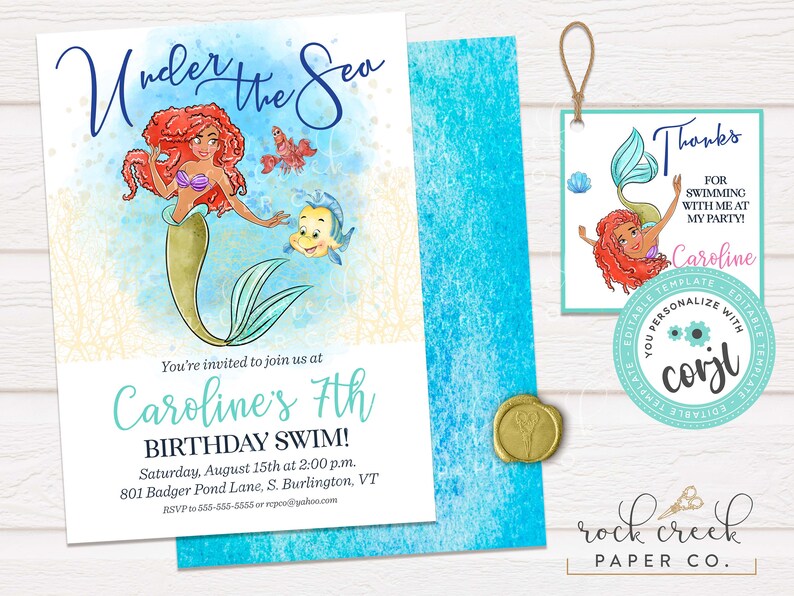 May include: An invitation to a 7th birthday party with an under the sea theme. The invitation features a mermaid with red hair and a teal tail, a yellow fish, and the text "Under the Sea" in blue and white. The invitation also includes the text "Caroline's 7th Birthday Swim!" and details about the party, including the date, time, and location.