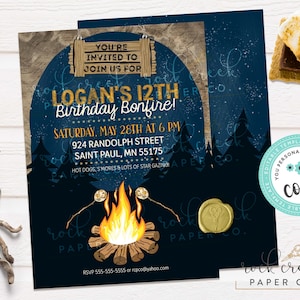 Bonfire Birthday Invitation: Editable S&#39;mores Party Template (Instant Digital Download, 5&quot;x7&quot;)