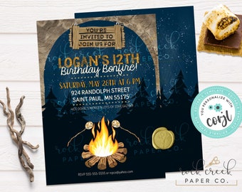 Forest Bonfire Birthday Invitation, S'mores Birthday Party, Backyard Bonfire Party, Editable Birthday Party Template, Instant Download