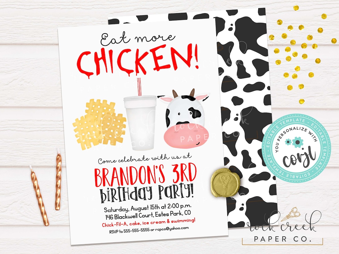 Eat More Chicken Birthday Invitation, Fast Food Party, Chicken Nugget