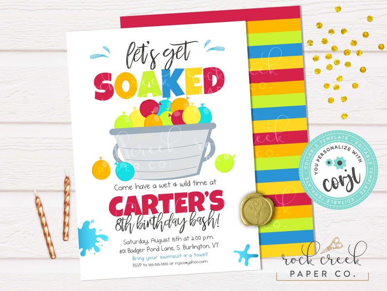 Water Balloon Birthday Invitation, Editable Party Template (Digital Download) White RGB