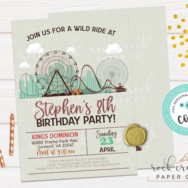 Amusement Park Birthday Invitation, Theme Park Party, Rollercoaster Party Invite, Editable Birthday Party Template, Instant Download