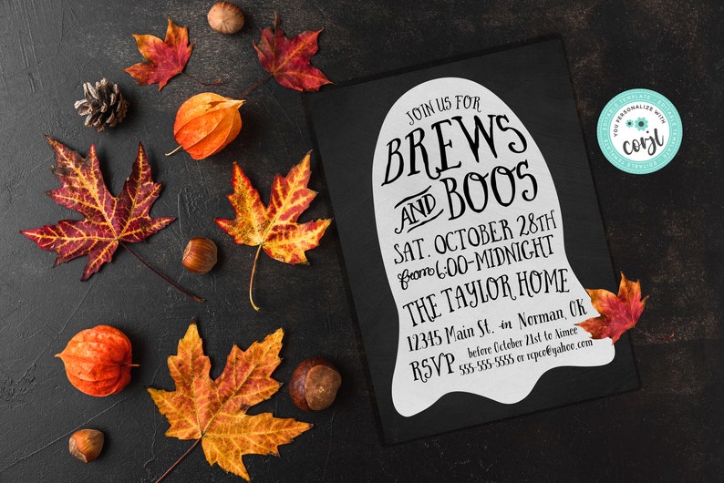 May include: A black and white Halloween party invitation with a ghost silhouette. The invitation reads "Join us for Brews and Boos Sat. October 28th from 6:00-Midnight The Taylor Home 12345 Main St. in Norman, OK RSVP 555-555-5555 or seo@yahoo.com before October 21st to RSVP".