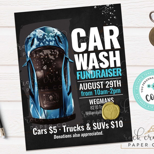 Car Wash Invitation, Car Wash Fundraiser, Auto Wash Flyer, School, Church, Charity, PTA, PTO, Editable Fundraiser Template, Instant Download