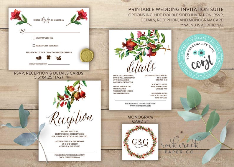 K&ouml;nnte beinhalten: Ein Hochzeits-Einladungsset mit RSVP-, Detail-, Empfangs- und Monogrammkarten. Die Karten haben ein Aquarell-Blumenmuster mit roten Blumen und gr&uuml;nen Bl&auml;ttern. Das Set enth&auml;lt eine Monogrammkarte mit einem Durchmesser von 7,6 cm.