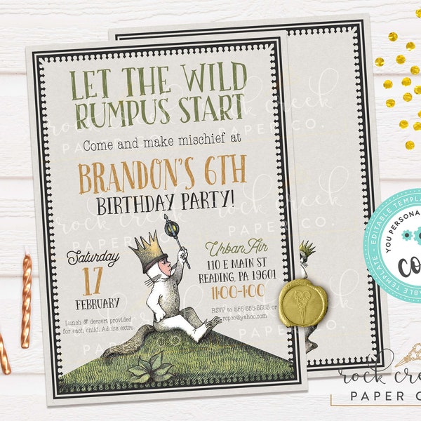 Dove le cose selvagge sono Invito di compleanno, Invito Wild Rumpus, Compleanno Wild One, Modello modificabile per festa di compleanno, Download istantaneo