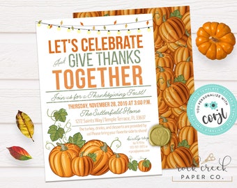 Thanksgiving Celebration Invitation, Thanksgiving Dinner Party, Pumpkins Invitation, Editable Thanksgiving Template, Instant Download