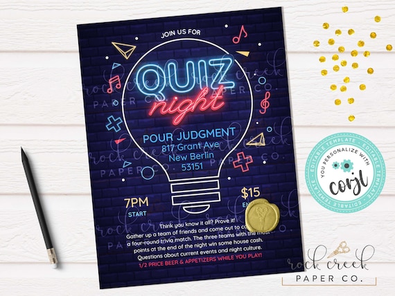 Quiz Night Invitation, Editable Trivia Event Template (Digital Download)