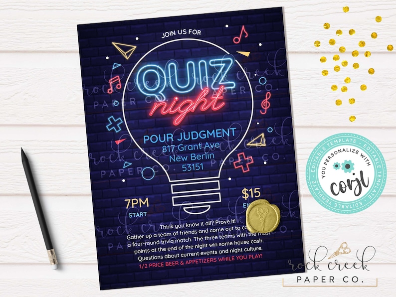 Quiz Night Invitation, Editable Trivia Event Template (Digital Download) 8.5x11 inches
