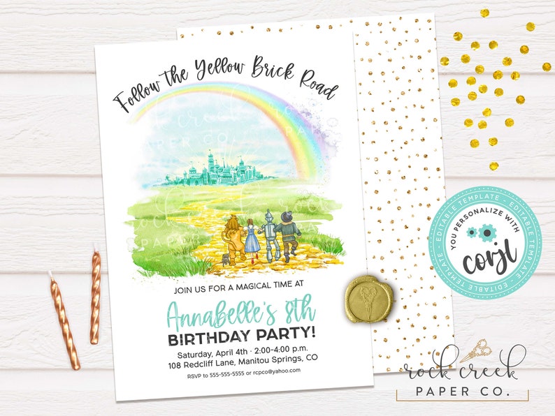 May include: A printable invitation for a child's birthday party. The invitation features a watercolor illustration of the yellow brick road from the Wizard of Oz, with a rainbow in the sky. The text on the invitation reads "Follow the Yellow Brick Road" and "Annabelle's 8th Birthday Party!"