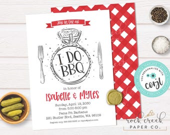 May include: A wedding invitation with the text "I DO BBQ" in a ring design. The invitation includes the names Isabelle & Myles, event details, and a red and white checkered pattern.