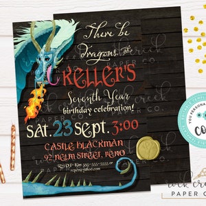 May include: A black and white invitation with a dragon illustration. The invitation reads "There be Dragons at Keller's Seventh Year Birthday Celebration! Sat. 23 Sept. 3:00 Castle Blackman 92 Nelm Street, Reno RSVP Kim 555-555-5555 or repeo@yahoo.com"