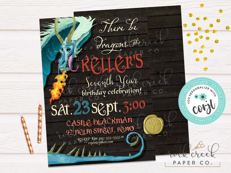 May include: A black and white invitation with a dragon illustration. The invitation reads "There be Dragons at Keller's Seventh Year Birthday Celebration! Sat. 23 Sept. 3:00 Castle Blackman 92 Nelm Street, Reno RSVP Kim 555-555-5555 or repeo@yahoo.com"