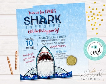 Shark Birthday Invitation, Editable Pool Party Template (Digital Download)