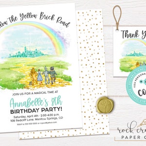 May include: A printable invitation for an 8th birthday party with a Wizard of Oz theme. The invitation features a watercolor illustration of the yellow brick road, a rainbow, and the Emerald City. The text on the invitation reads "Follow the Yellow Brick Road" and "Annabelle's 8th Birthday Party!"