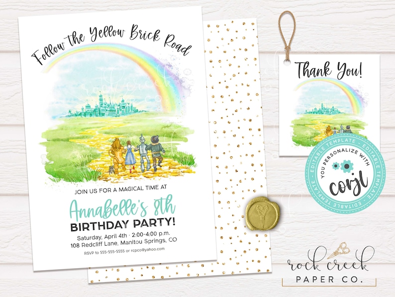 May include: A printable invitation for an 8th birthday party with a Wizard of Oz theme. The invitation features a watercolor illustration of the yellow brick road, a rainbow, and the Emerald City. The text on the invitation reads "Follow the Yellow Brick Road" and "Annabelle's 8th Birthday Party!"