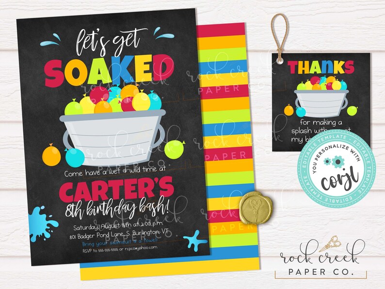 Water Balloon Birthday Invitation, Editable Party Template (Digital Download) image 2