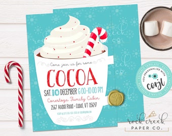 May include: A blue and white invitation with snowflakes for a hot cocoa party. The invitation features a mug of hot cocoa with whipped cream and a candy cane. The text reads "Come join us for some COCOA SAT. 10 DECEMBER 6:00-10:00 PM Conestoga Family Cabin 2567 Andel Road - Cabot, VT 05647 RSVP 802-555-5555 or [email protected]"