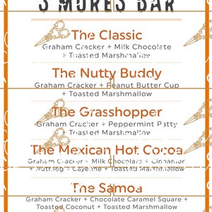 May include: A menu for a s'mores bar with a variety of s'mores options. The menu features a hand-drawn illustration of a s'more with graham crackers, chocolate, and marshmallow. The menu lists the following s'mores options: The Classic, The Nutty Buddy, The Grasshopper, The Mexican Hot Cocoa, The Samoa, The Turtle, The Cookie Butter, and The Elvis.