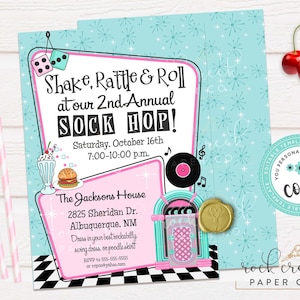 Sock Hop Invitation, Retro Diner Invitation, 1950s Party, Retro Party Invite, Jukebox, Records, Editable Party Template, Instant Download