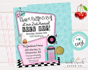 Sock Hop Invitation, Retro Diner Invitation, 1950s Party, Retro Party Invite, Jukebox, Records, Editable Party Template, Instant Download