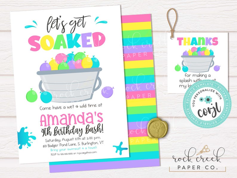 Water Balloon Birthday Invitation, Editable Party Template (Digital Download) image 3