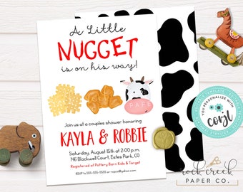 May include: A white and black cow-print background with a white card overlay. The card has a red and black title that says "A Little Nugget is on his way!" and a black and white illustration of a cow with a pink nose. The card also has a red and black text that says "Join us at a couples shower honoring Kayla & Robbie" and includes the date, time, and location of the event. The card also includes the text "Registered at Pottery Barn Kids & Target" and the RSVP information.
