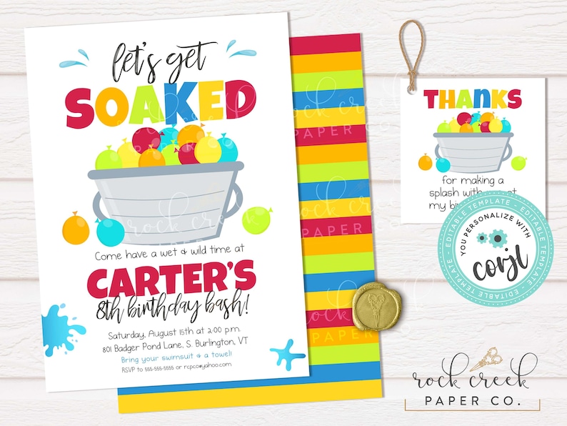 Water Balloon Birthday Invitation, Editable Party Template (Digital Download) image 1