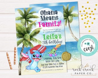 May include: A blue and green invitation card with a cartoon Stitch character riding a surfboard. The text on the card reads "Ohana Means Family!" and "Leila's 5th Birthday!"