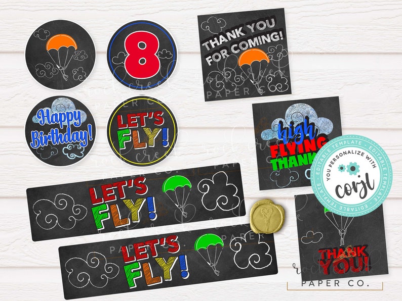 Pu&ograve; includere: Decorazioni per feste stampabili a tema paracadutismo per un compleanno. Il set include un cartello di ringraziamento per la tua presenza, un cartello di buon compleanno, un cartello di