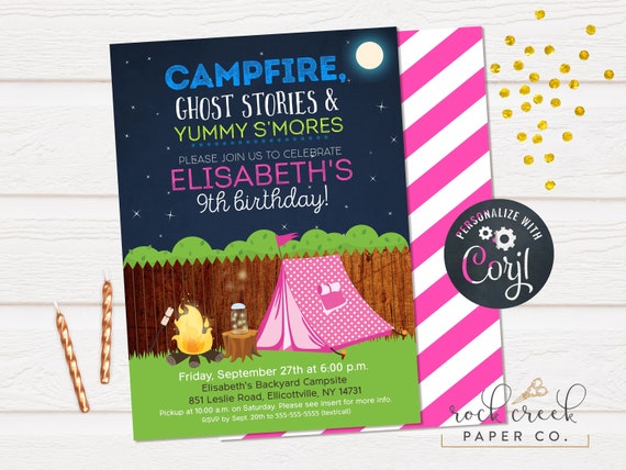 Camping Birthday Invitation Backyard Camping Party Girls Etsy