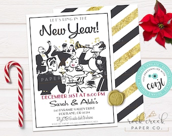 May include: A black and white illustration of people celebrating New Year's Eve. The text on the invitation reads "Let's ring in the New Year!"  "December 31st at 8:00 PM"  "Sarah & Alek's"  "547 Pyramid Valley Drive, Portland, OR 97214"  "BYOB & side dish to share"  "RSVP to Sarah 555-555-5555 (Text/Call)"