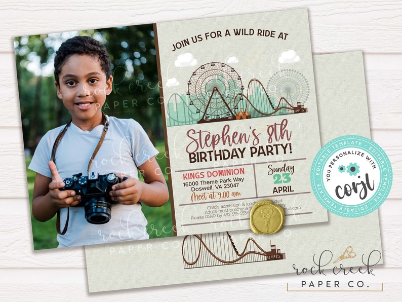 May include: A birthday invitation for an 8th birthday party at Kings Dominion amusement park. The invitation features a photo of a young boy holding a camera, a cartoon illustration of a roller coaster and Ferris wheel, and the text "Stephen's 8th Birthday Party!"  Sunday, April 23rd.  Meet at 9:00 am.