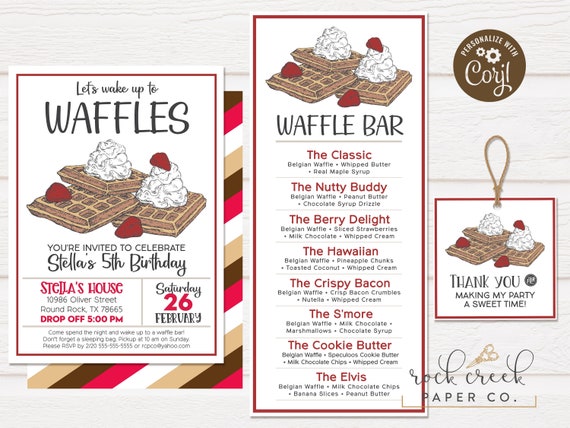 Waffles Birthday Invitation Waffles PJs Party Waffle Bar Menu Waffles Birthday Invitation Waffles PJs Party Waffle Bar Menu