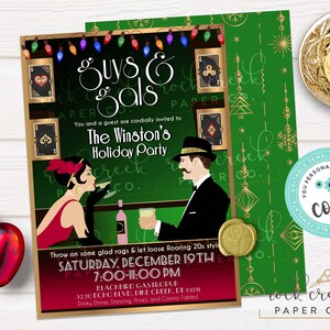 May include: A red and gold invitation for a holiday party with a 1920s theme. The invitation features a man and woman in vintage attire, with the text "Guys & Gals The Winston's Holiday Party" and "Saturday, December 19th 7:00-11:00 PM".
