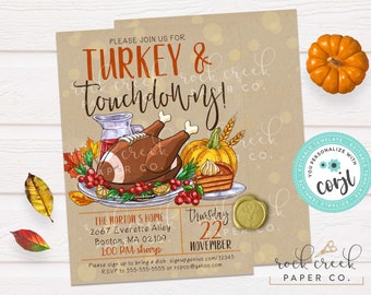 Turkey & Touchdowns Invitation, Thanksgiving Dinner Invitation, Friendsgiving Invitation, Editable Thanksgiving Template, Instant Download