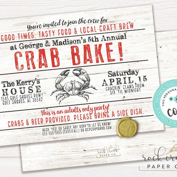 Crab Bake Invitation, Crab Boil Invitation, Seafood Boil Invitation, Crab Boil Dinner Invite, Editable Party Invitation, Instant Download