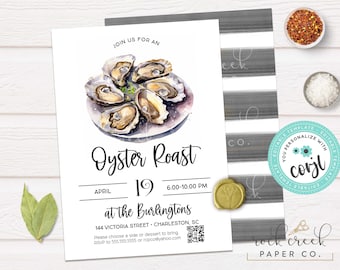 May include: A white invitation card with a watercolor illustration of oysters on a plate. The text reads "Join us for an Oyster Roast, April 19, 6:00-10:00 PM, at the Burlingtons, 144 Victoria Street, Charleston, SC. Please choose a side or dessert to bring. RSVP to 555.555.5555 or repco@yahoo.com".