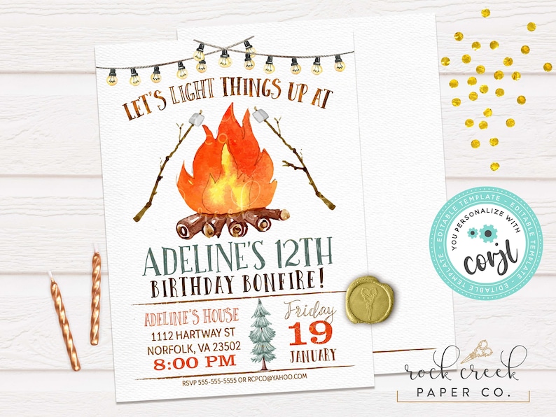 May include: A printable invitation for a 12th birthday bonfire party. The invitation features a watercolor illustration of a campfire with a string of lights above it. The text on the invitation reads "Let's light things up at Adeline's 12th Birthday Bonfire!" and includes the date, time, and location of the party.