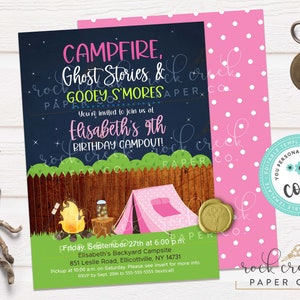May include: A pink and green camping-themed birthday party invitation for a girl's 9th birthday. The invitation features a campfire, a tent, and the text "Campfire, Ghost Stories & Gooey S'mores".