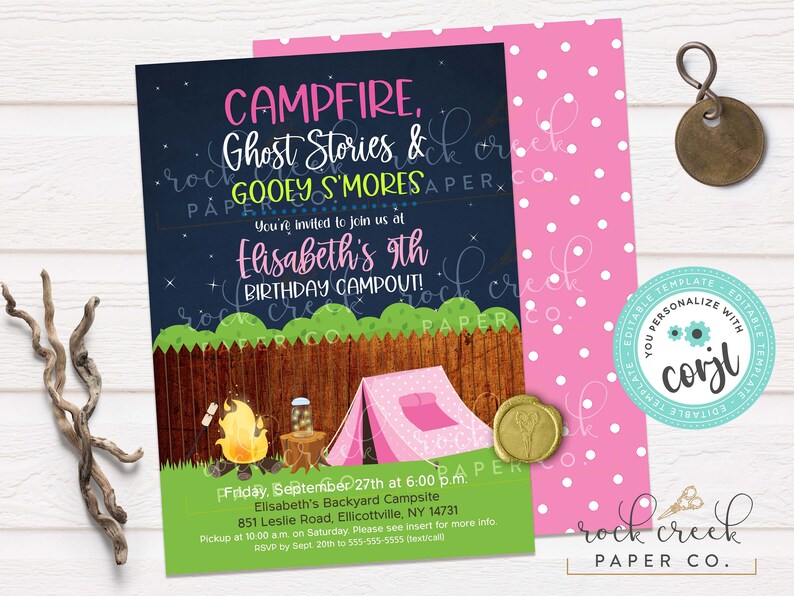 May include: A pink and green camping-themed birthday party invitation for a girl's 9th birthday. The invitation features a campfire, a tent, and the text "Campfire, Ghost Stories & Gooey S'mores".