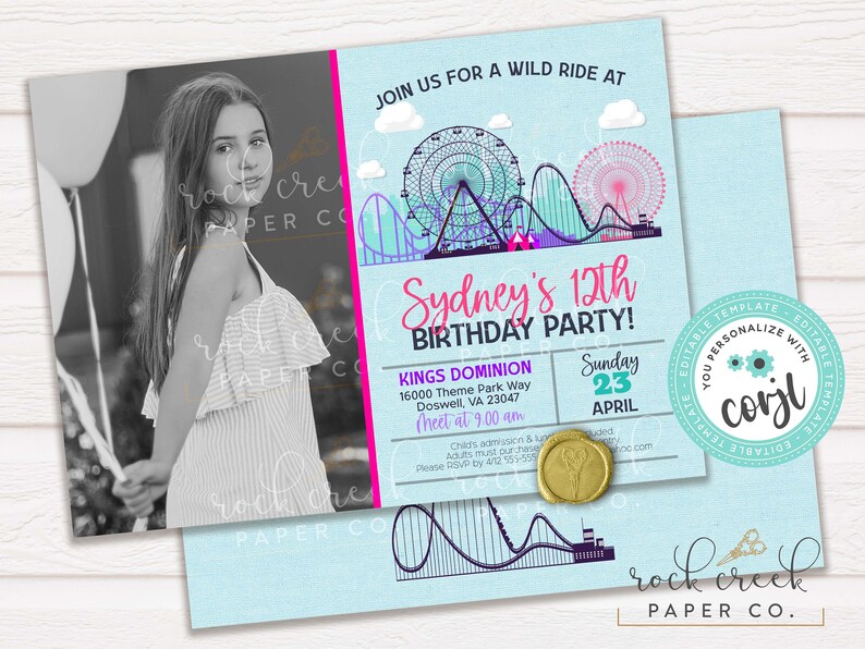 May include: A blue and pink birthday invitation with a photo of a girl. The invitation is for a 12th birthday party at Kings Dominion theme park. The text on the invitation reads "Join us for a wild ride at Sydney's 12th Birthday Party!" and "Sunday, April 23".