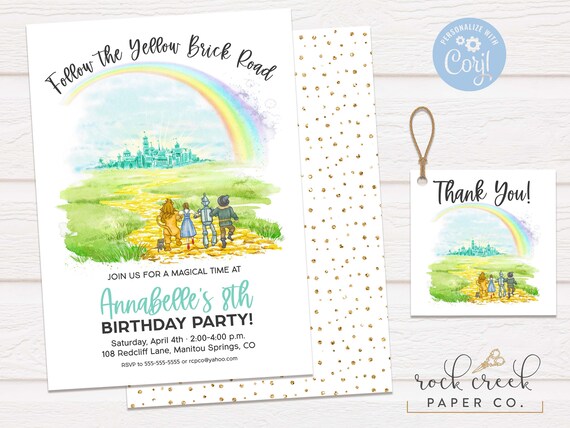 Wizard of Oz Birthday Invitation, Yellow Brick Road Invitation, Wizard of Oz Thank You Tags, Digital Birthday Printables, SAME DAY ACCESS Il_570xn