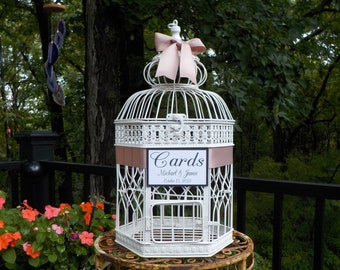 Large WHITE Wedding Card Holder, PERSONALIZED Card, Ribbon Colors, Large Bird Cage Wedding Card Box, Bridal Shower Cards, Wedding Cards