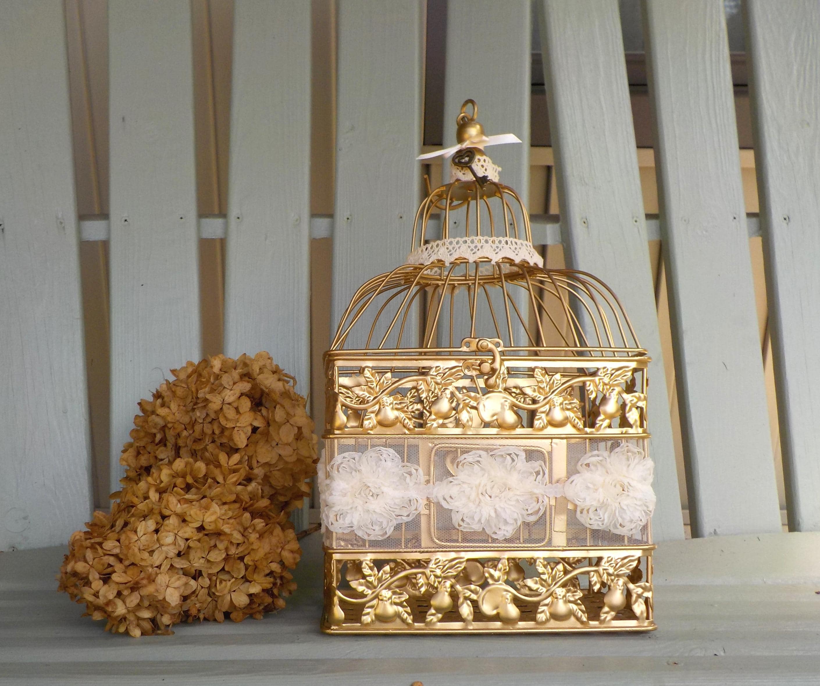 Victorian Vintage Inspired Bird Cage, Gold Bird Cage, Ivory Floral Lace, Ivory Cotton Lace, Skeleton Key, Wedding Decor, Shabby Chic Decor