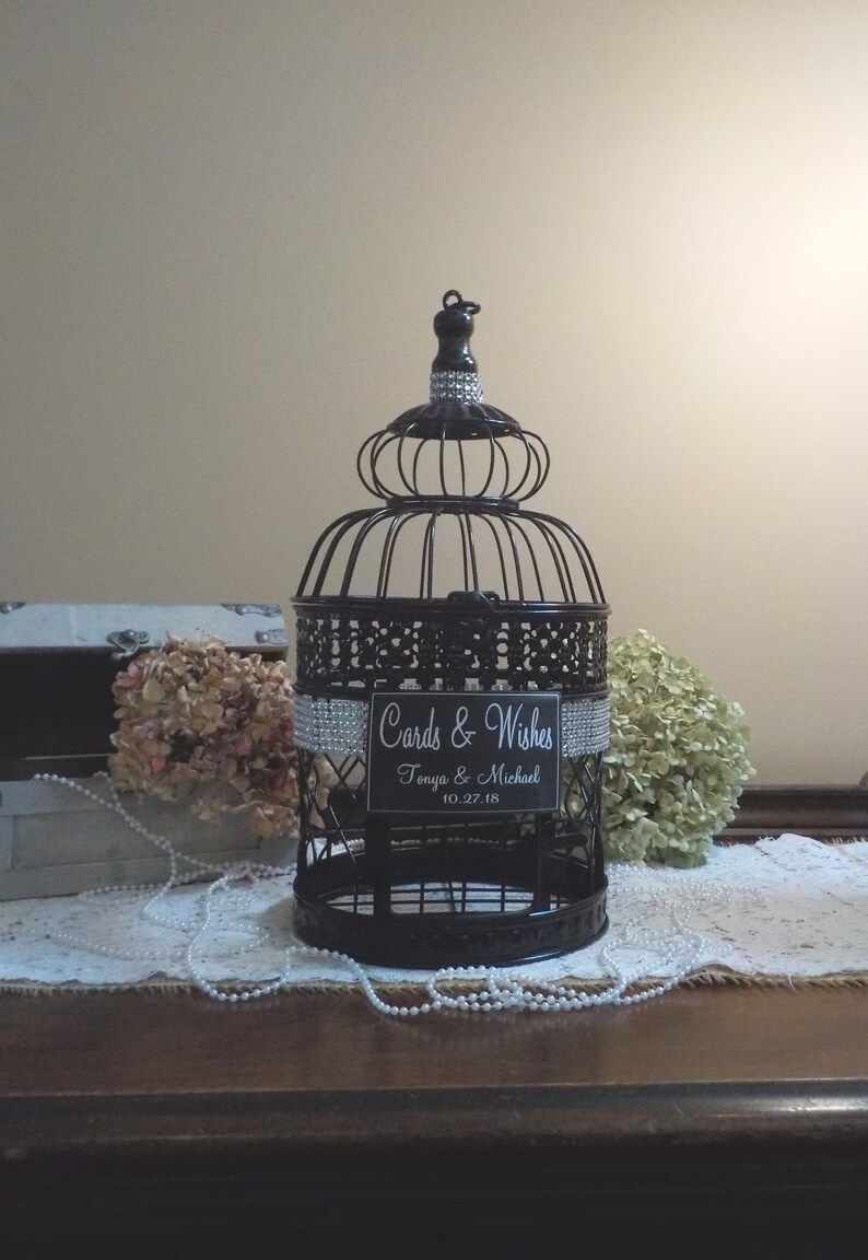 Wedding Wishing Well Black Bird Cage Card Holder Rhinestone Etsy